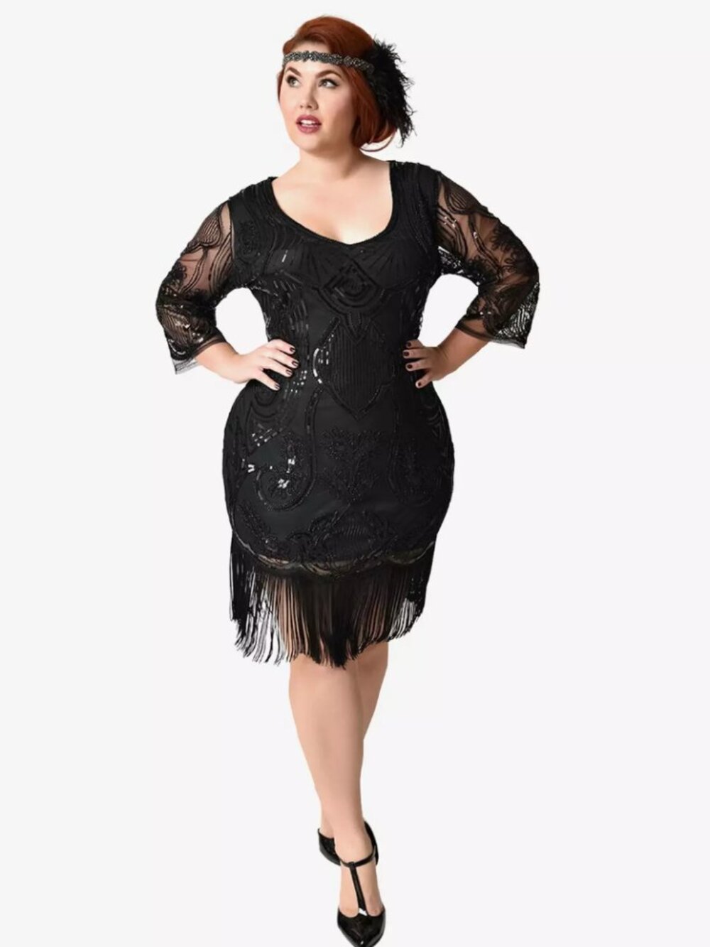 Unique Vintage Plus Size 1920s Black Beaded Margaux Fringe Flapper Dress 1x 16